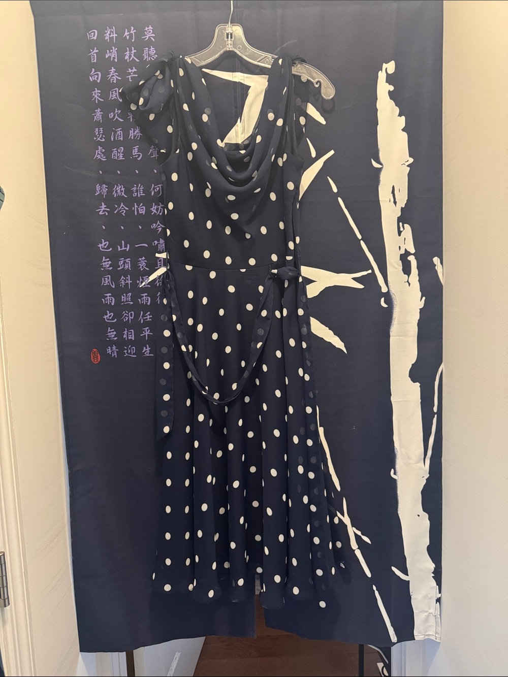 Polka Dot Draped Navy Midi Dress